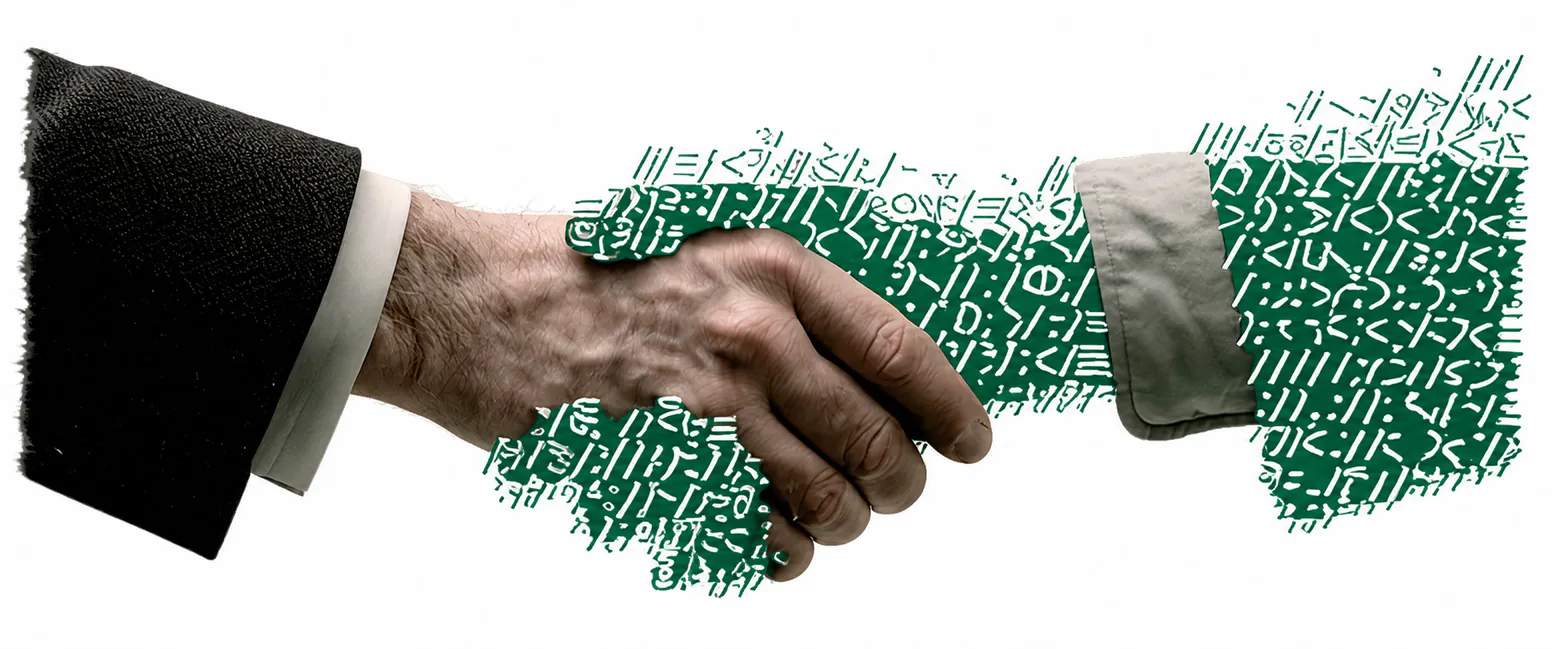 A human hand shaking V30's typographic hand